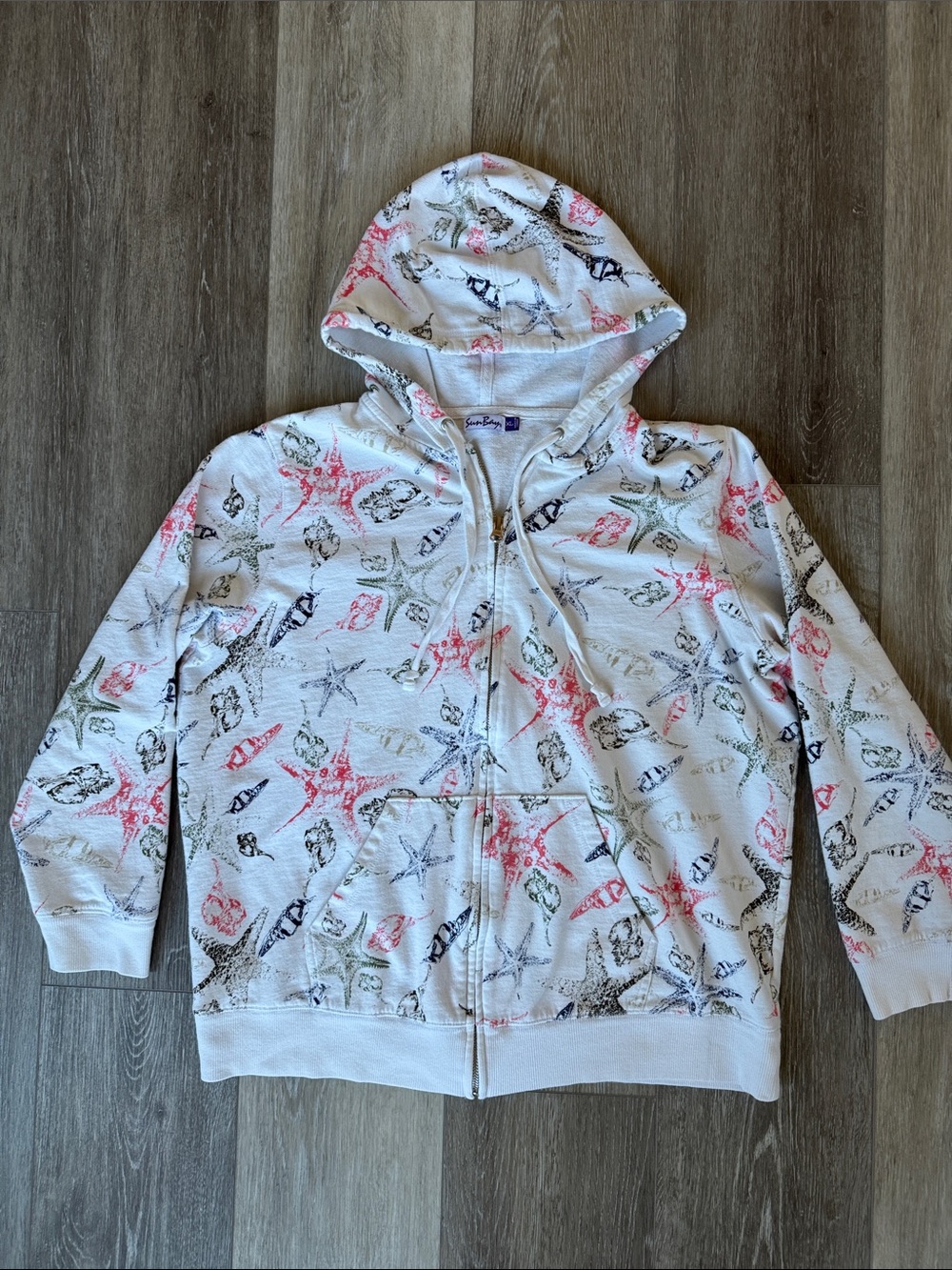 White Hooded Zip Sweatshirt with Sea Life Print